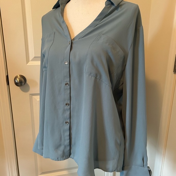 Candies light blue sheer long sleeve button down dressy top - Picture 2 of 6